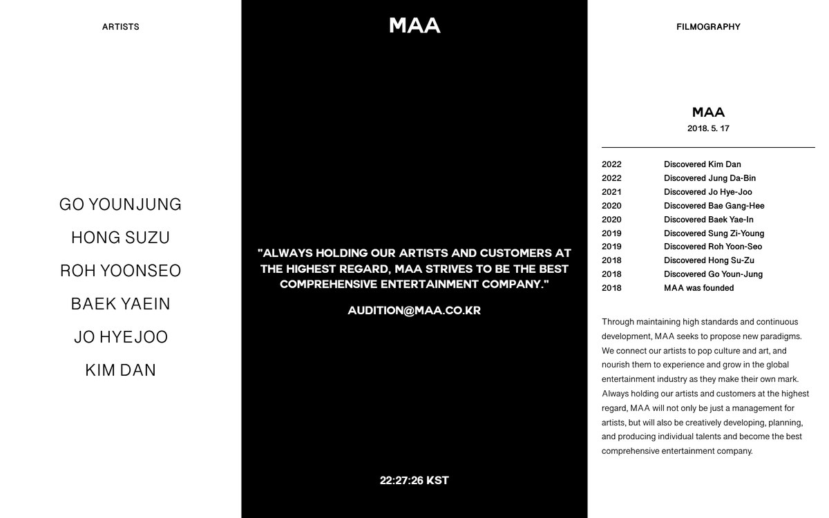 Home page of the MAA artist management website