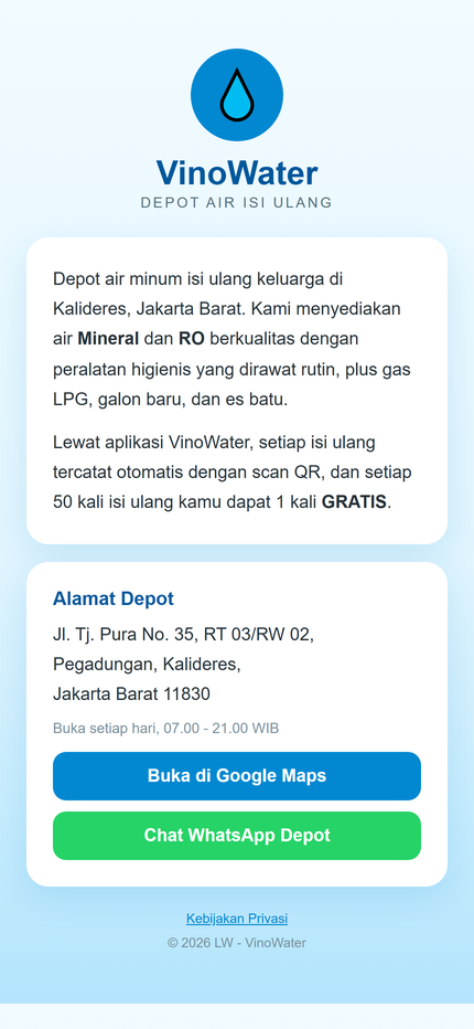 VinoWater website on a phone screen